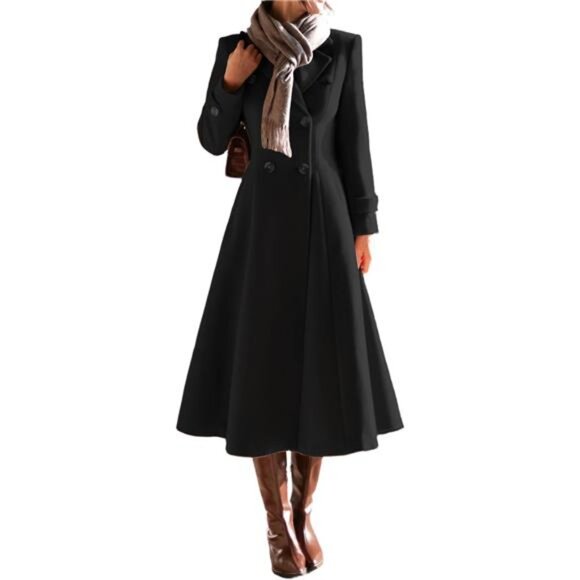 Womens Long Coat, Double Breasted Trench Coat Black